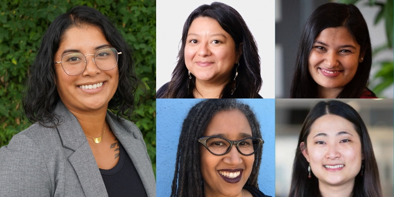 Headshots of Lylianna Allala, Debolina Banerjee, Aya de Leon, Esther Min, with Nancy Huizar