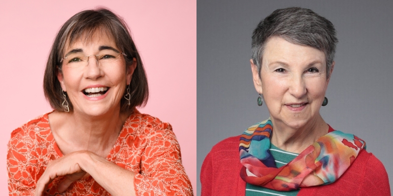 From left to right: Headshots of Allyson Schrier (with grey bob and glasses) and Rebecca Crichton (with short grey hair and floral scarf)