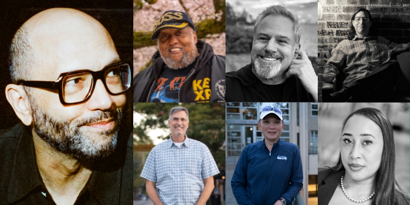 Headshots of Nabil Ayers, Riz Rollins, Marco Collins, Steven Severin, Paul Schurr, Sheila Locke, and Chenelle Marshall