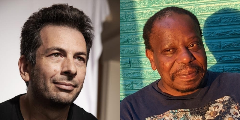 From left to right: Headshots of Blaise Agüera y Arcas (with fair skin, short brown hair, and beard) and Charles Mudede (with brown skin and black textured hair/goatee)