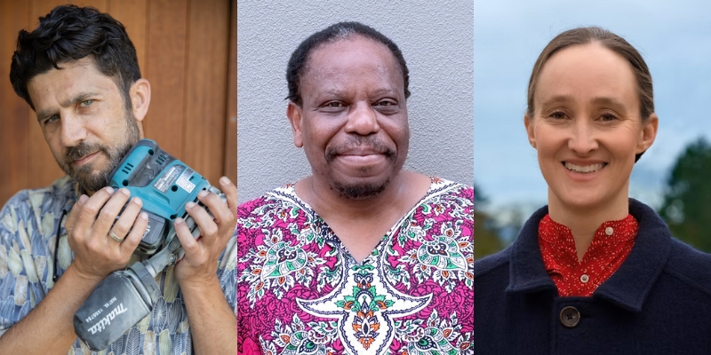 From left to right: Headshots of Brett Hamil, Charles Mudede, and Katie Wilson