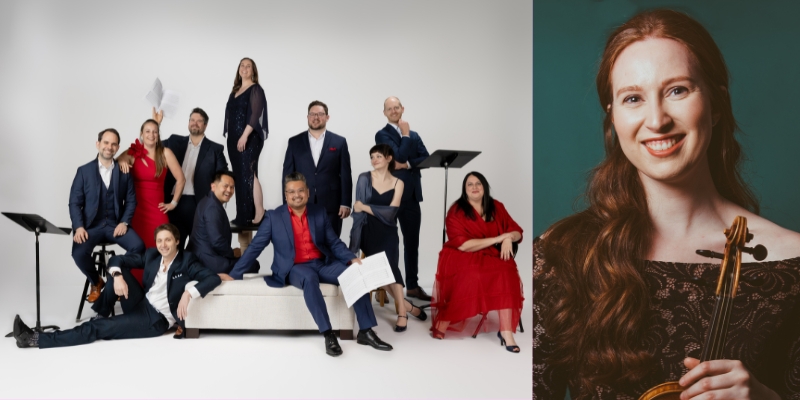 On the left: Group photo of the Byrd Ensemble On the right: Headshot of Augusta McKay Lodge