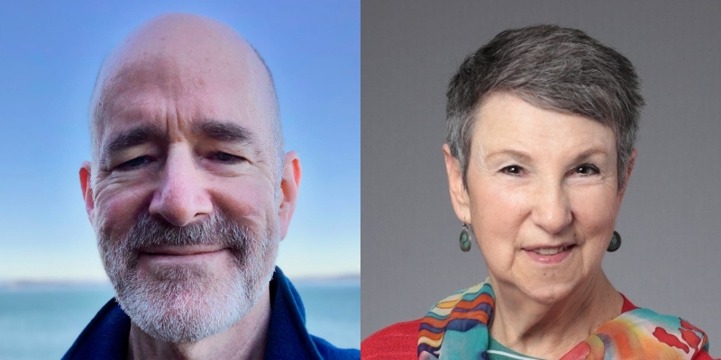 Headshots of Cedron Sterling (with shaved head, grey beard, fair skin) and Rebecca Crichton (with short grey hair, fair skin, floral scarf)