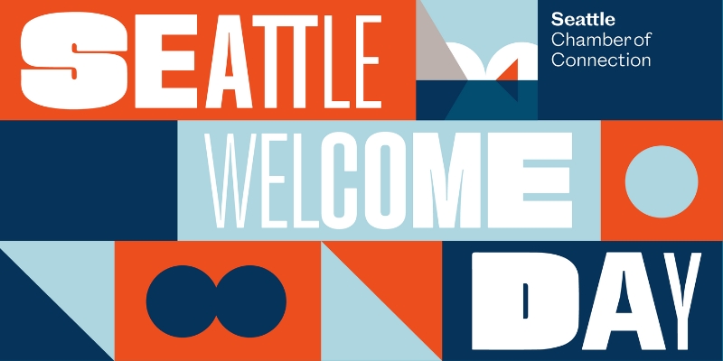 Colorful graphic promoting 'Seattle Welcome Day' hosted by the Seattle Chamber of Connection. The design features bold, blocky typography in shades of blue, orange, and white, with abstract geometric shapes creating a vibrant, modern aesthetic.