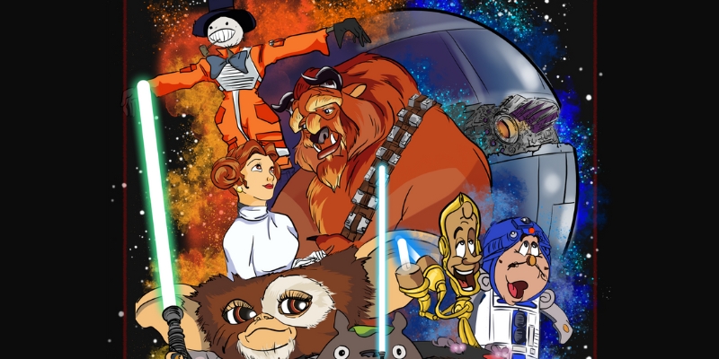 An illustration featuring characters from Howl's Moving Castle, Beauty and the Beast, and My Neighbor Totoro, wearing Star Wars costumes and holding lightsabers.