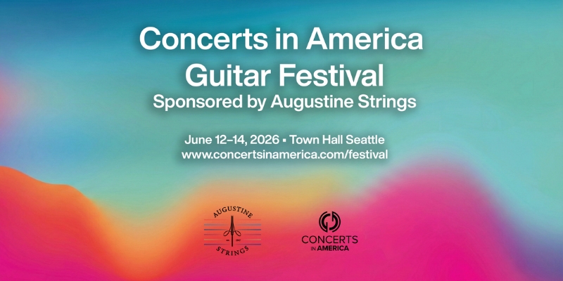 Promotional banner graphic for Concerts in America Guitar Festival, with a colorful rainbow gradient background.