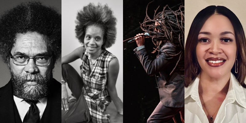 From left to right: Photos of Dr. Cornel West, Staceyann Chin, Reverend Sekou, and Kirsten West Savali