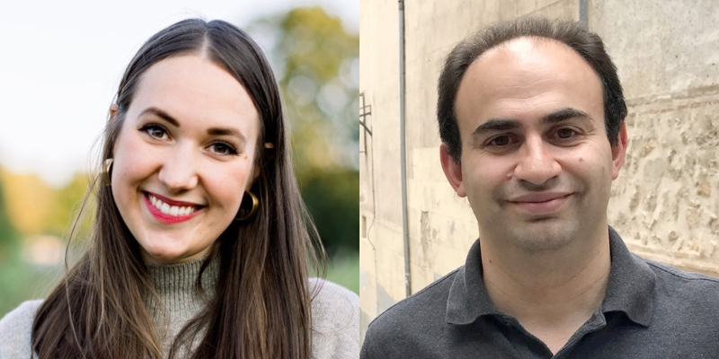 From left to right: headshots of Danielle Leavitt (with long brown hair, turtleneck sweater, and red lipstick) and Sasha Senderovich (with gray polo shirt and short brown hair)