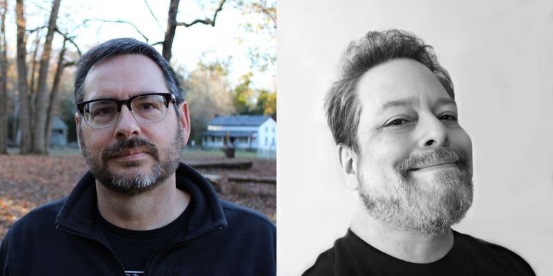 Daryl Gregory, left with dark glasses. Matt Dinniman, right with a sideways smile.