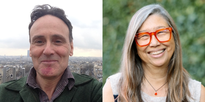 Headshots of David Guterson (with short grey hair and green coat) and Karen Maeda Allman (with long grey hair and red eyeglasses)