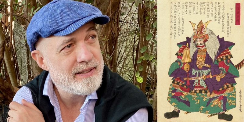On the right: Headshot of David Spafford, on the left: traditional Japanese illustration of Tokugawa Ieyasu