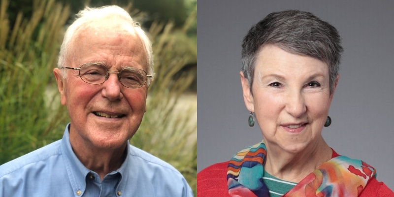 Headshots of Jim deMaine (with short white hair, eyeglasses) and Rebecca Crichton (with short grey hair and floral scarf)