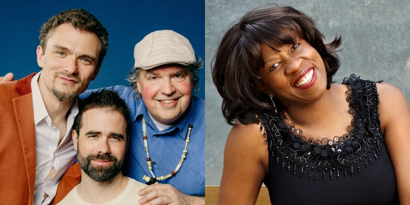 On the left: Group photo of the Duende Libre Trio. On the right: Headshot of Gail Pettis (with dark skin and black bob)