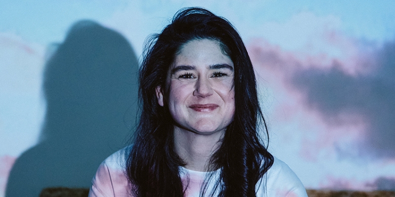 Elyse Myers (with fair skin/long dark hair) smiles and poses in front of a sunset projected onto the wall.
