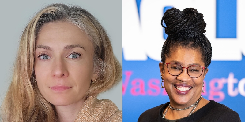 Headshots of Emily Galvin Almanza (with fair skin, long blonde hair) and Michele Storms (with brown skin, glasses, and black hair twists in a bun)