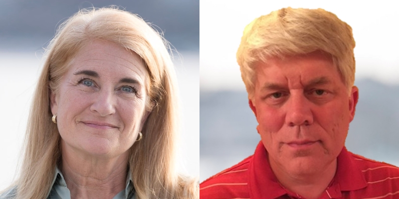 Headshots of Wendy Norman (with long blonde hair/blue collared shirt) and Dr. George Birchfield (with short grey hair and red striped polo)