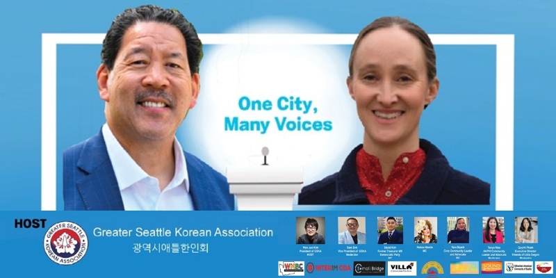 Blue promotional banner graphic for "One City, Many Voices." Headshots of the candidates (Bruce Harrell, Mayor of Seattle & Katie Wilson, Candidate for Mayor of Seattle) are included with an illustration of a podium placed between them.