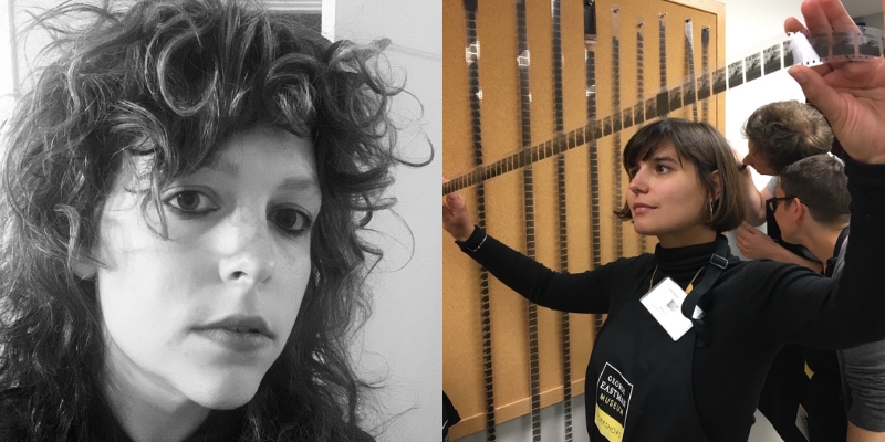 From left to right: Headshots of Hannah Zeavin and Mal Ahern holding an extended roll of vintage film.