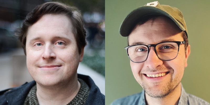 Headshots of John Patrick Green (with short brown hair, navy hoodie) and Ben Clanton (with short brown hair, baseball cap, glasses)