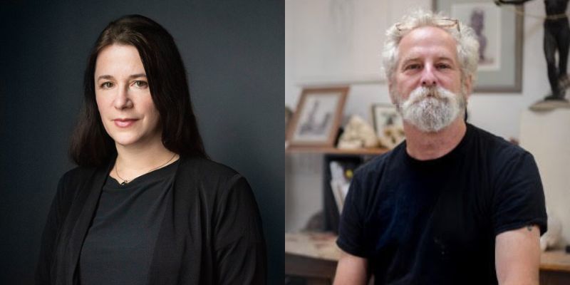 On left, Juliette Aristides (with long dark hair) faces the camera. On the right, Mike Magrath (with grey hair and a beard) in an arts studio