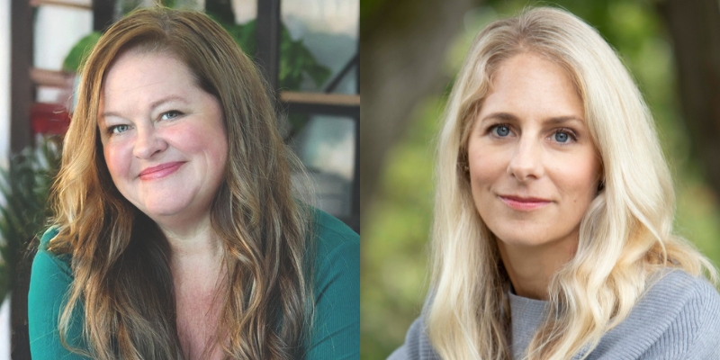 Headshots of Kate Quinn (with fair skin, long light brown hair) and Elise Hooper (with fair skin, long blonde hair)