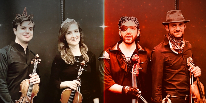 Group photo of the Knights of Tears ensemble. Each person is dressed in black with their own themes: unicorn, princess, pirate, and cowboy.