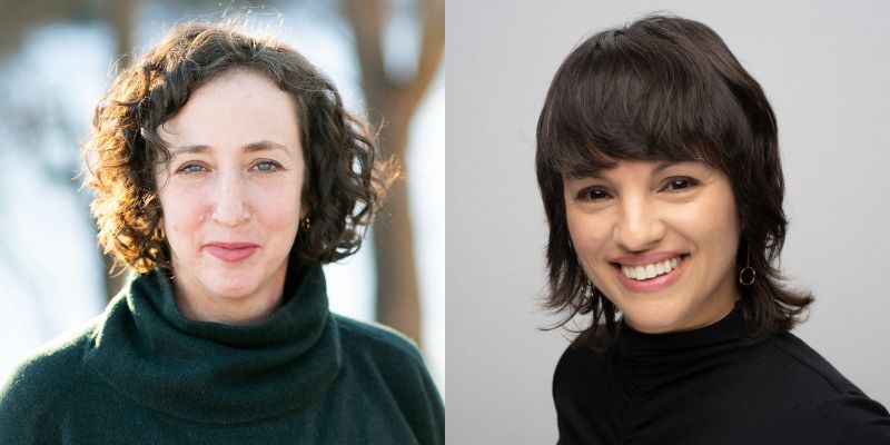From left to right: Headshots of Mariah Blake (with green turtleneck and curly brown hair) and Monica Guzman (with light skin and short brown hair)