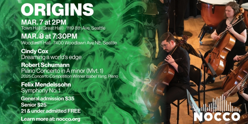 Promotional graphic for concert titled "Origins," with green abstract background on the left and musicians performing on the right.