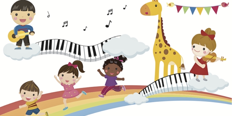 Cartoon of children playing instruments and dancing on a rainbow with clouds and a giraffe. Piano keyboards arch across the sky with floating musical notes, connecting to other clouds.