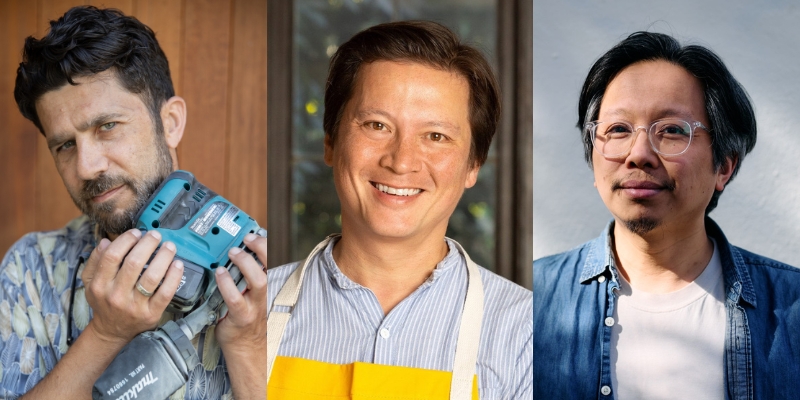 From left to right: Headshots of Brett Hamil as Burl Dirkman, J. Kenji Lopez-Alt and Tomo Nakayama