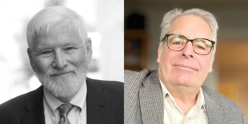 From left to right: headshots of Steve Oney (with short grey hair and beard) and Steve Scher (with short grey hair and eyeglasses)
