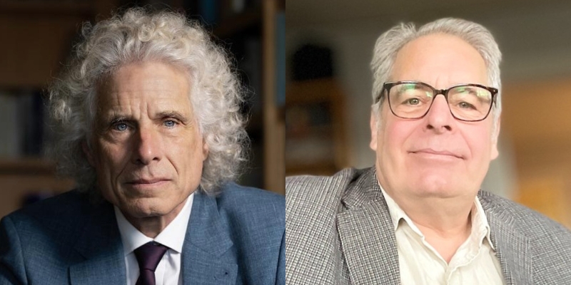 Headshots of Steven Pinker and Steve Scher