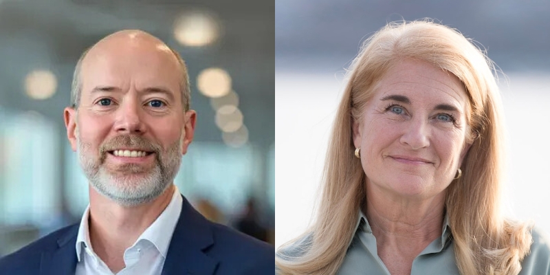 Headshots of Steven Schindler (with fair skin, shaved head and gray beard) and Wendy Norman (with long blonde hair and blue blouse)