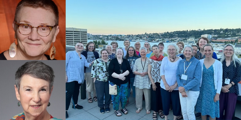 Headshots of Susan Bardsley and Rebecca Crichton with a group photo of the North Seattle Treble Makers