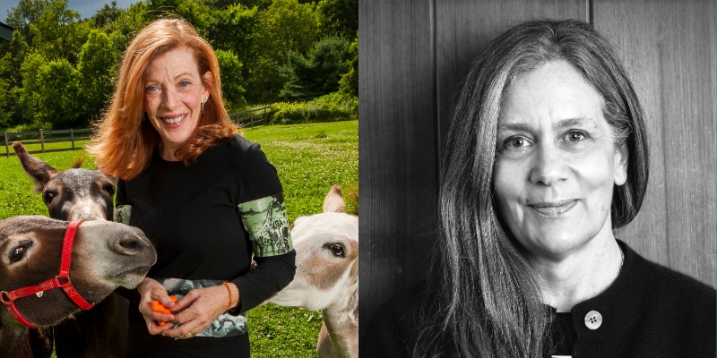 From left to right: Headshots of Susan Orlean feeding donkeys carrots and Claire Dederer