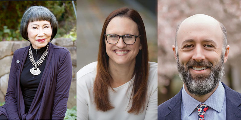 Headshots of Amy Tan, Kirsten Kendrick, and Nick Bayard