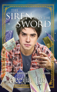 Book cover of "The Siren and the Sword" by Cecilia Tan, featuring a young person with short brown hair in a plaid shirt surrounded by floating tarot cards.