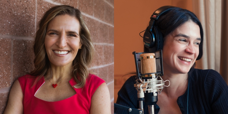 Headshots of Therese Huston (with wavy brown hair, red blouse) and Katy Sewall (with dark hair, wearing headphones and smiling in front of a microphone)