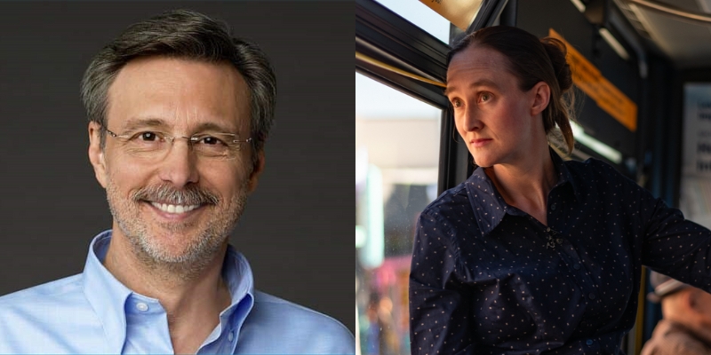 Headshots of Thom Hartmann (with short grey hair, mustache, glasses) and Katie Wilson (with blonde bun, blue polka dot button down)