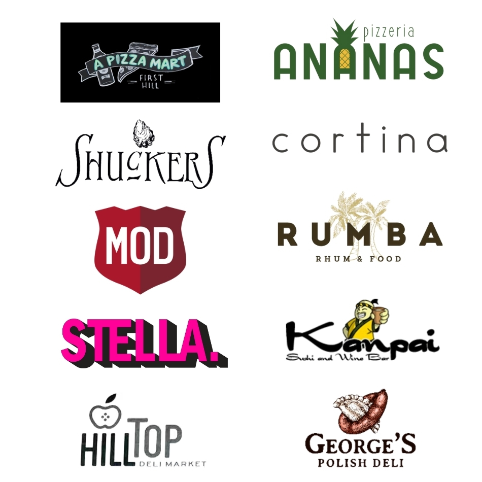 Restaurant logos of A Pizza Mart, Ananas, Shuckers, Cortina, Mod Pizza, Rumba, Stella, Sushi Kanpai, Hilltop Deli, and George's Deli