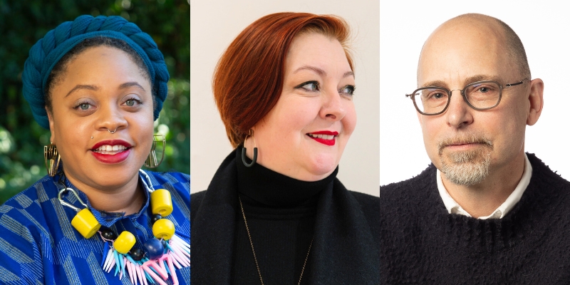 From left to right: Headshots of Elisheba Johnson, Judith Rinehart, and Rock Hushka