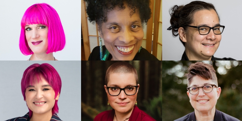 Headshots of Becky Chambers, Andrea Hairston, Annalee Newitz, Darcie Little Badger, Charlie Jane Anders, and Cecilia Tan