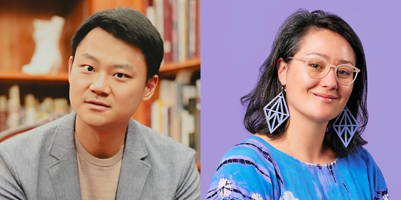 From left to right: Headshots of Yiming Ma (with short black hair/grey blazer) and Tessa Hulls (with black bob, blue blouse, and geometric earrings)