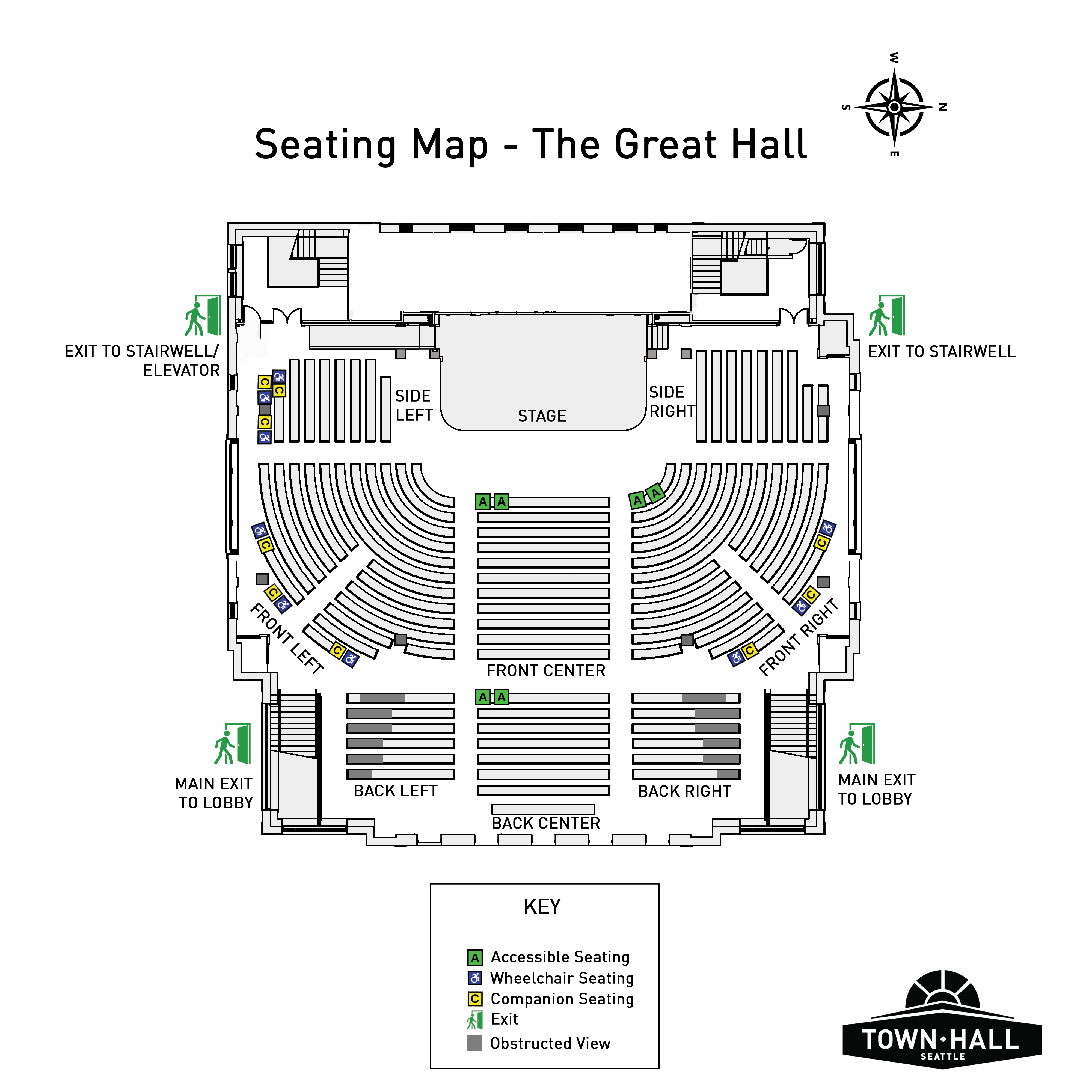 Great Hall Seating Map-MASTER July 2024 copy (8.13) Illustrated accessible seating map for the Great Hall