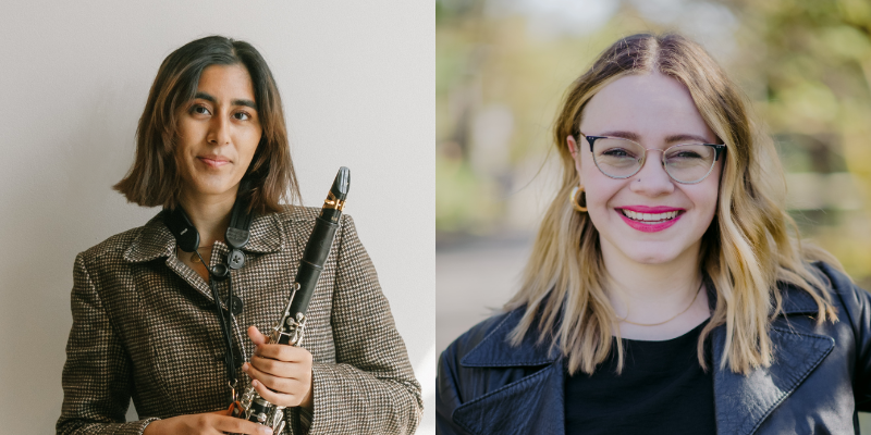 On left, Jahnvi Mahdan is in a striped suit holding a clarinet. On right, Alexa Peters in a leather jacket.