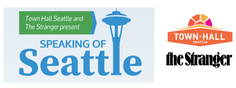 Speaking of Seattle logo with blue serif letters and the Space Needle as the letter "l" - with colorful Town Hall Seattle logo and black The Stranger logo